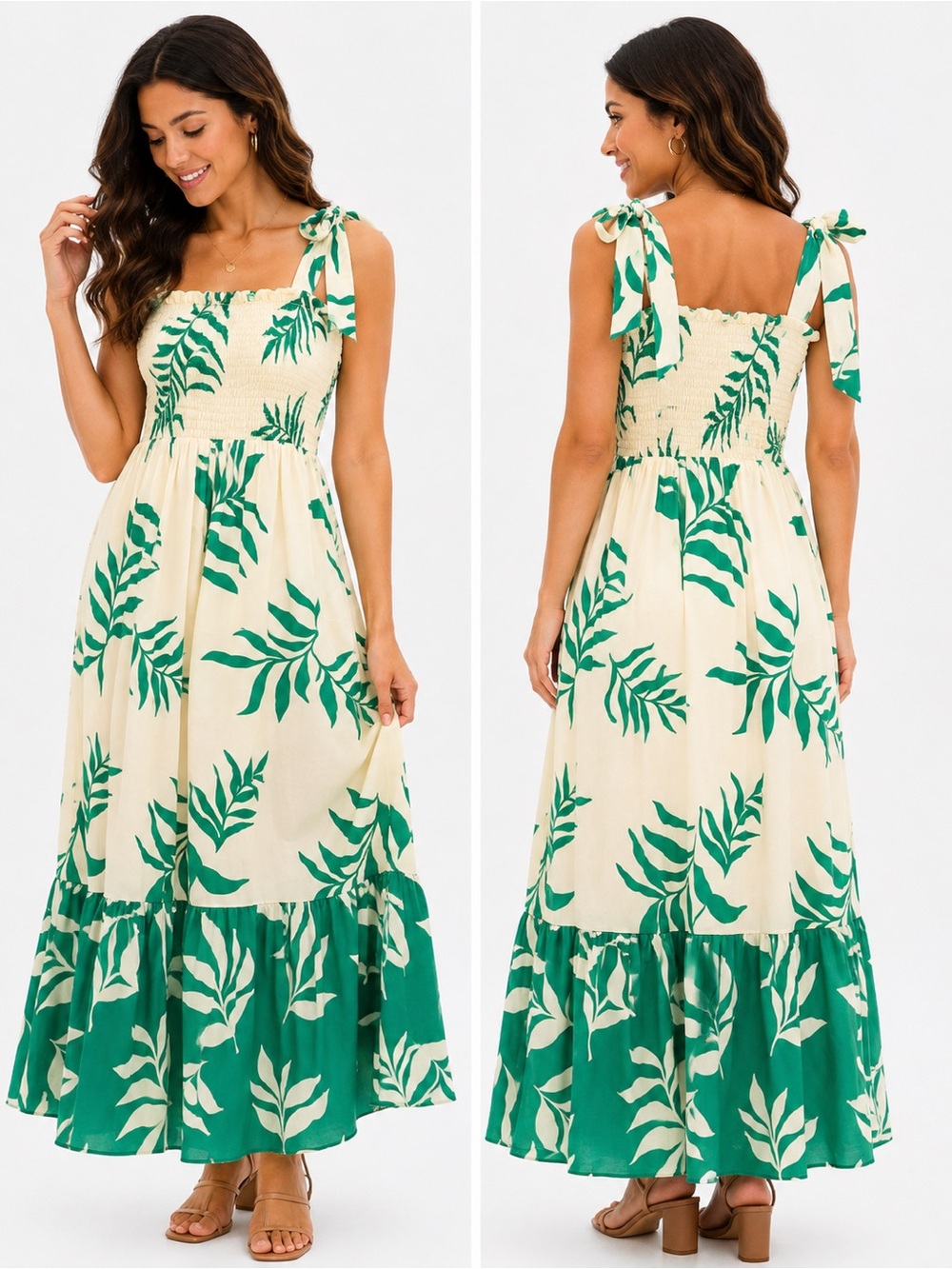 Flying Tomato Cream Maxi Dress with Green Leaf Print